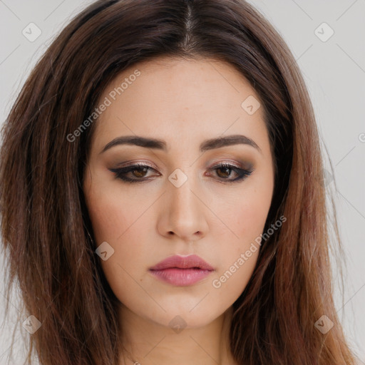 Neutral white young-adult female with long  brown hair and brown eyes