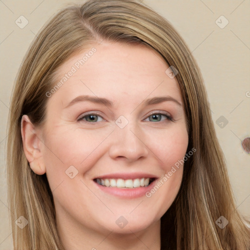 Joyful white young-adult female with long  brown hair and grey eyes