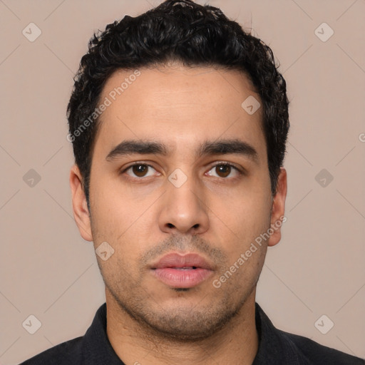 Neutral white young-adult male with short  black hair and brown eyes