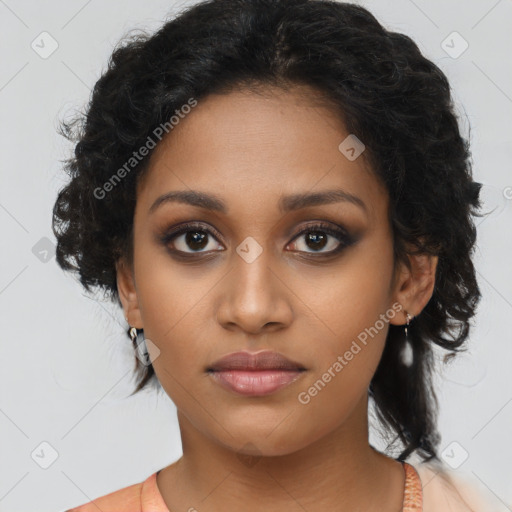 Joyful black young-adult female with medium  brown hair and brown eyes