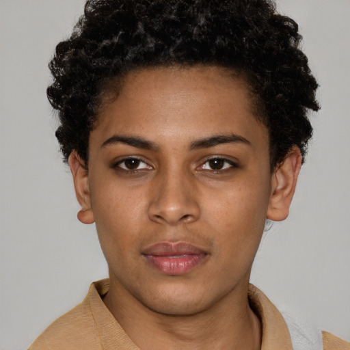 Neutral black young-adult female with short  brown hair and brown eyes