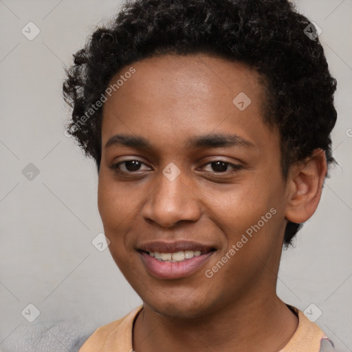 Joyful black young-adult male with short  brown hair and brown eyes