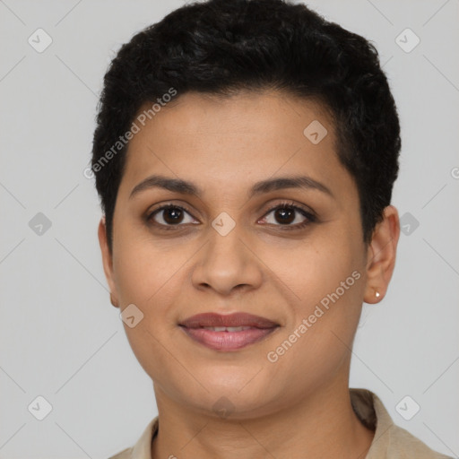 Joyful latino young-adult female with short  brown hair and brown eyes