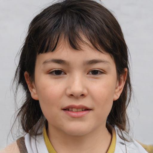 Joyful white child female with medium  brown hair and brown eyes