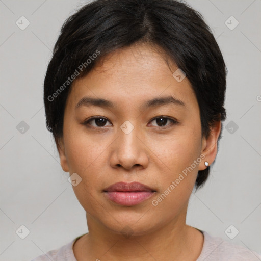 Neutral asian young-adult female with short  brown hair and brown eyes