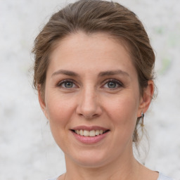 Joyful white adult female with medium  brown hair and grey eyes