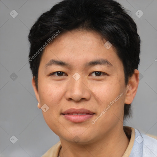 Joyful asian young-adult female with short  brown hair and brown eyes