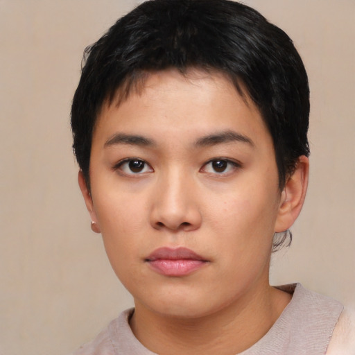 Neutral asian young-adult female with short  black hair and brown eyes