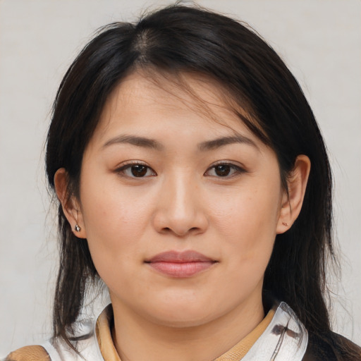 Neutral white young-adult female with medium  brown hair and brown eyes