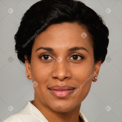 Joyful latino young-adult female with short  black hair and brown eyes