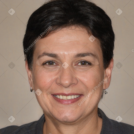 Joyful white adult female with short  brown hair and brown eyes