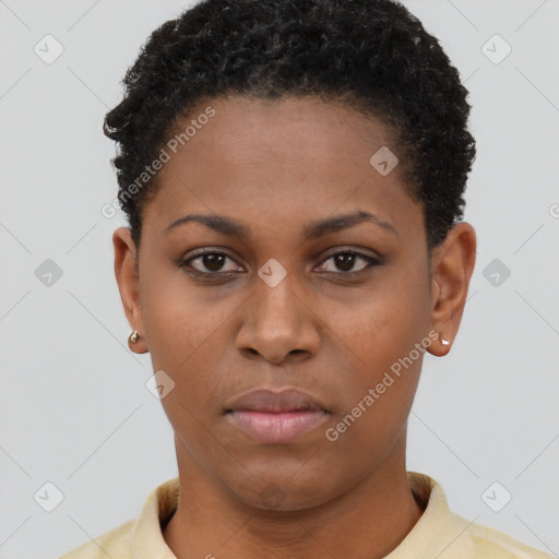 Neutral black young-adult female with short  brown hair and brown eyes