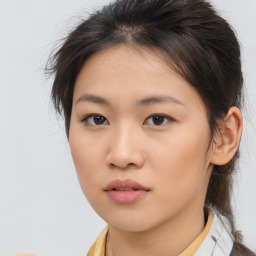 Neutral asian young-adult female with medium  brown hair and brown eyes