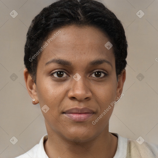 Joyful black young-adult female with short  brown hair and brown eyes