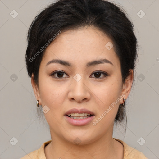 Joyful asian young-adult female with medium  black hair and brown eyes