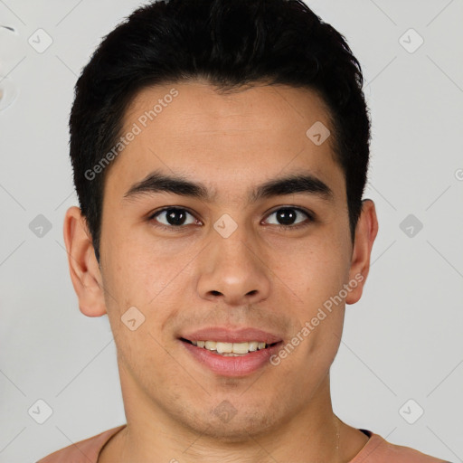 Joyful latino young-adult male with short  brown hair and brown eyes