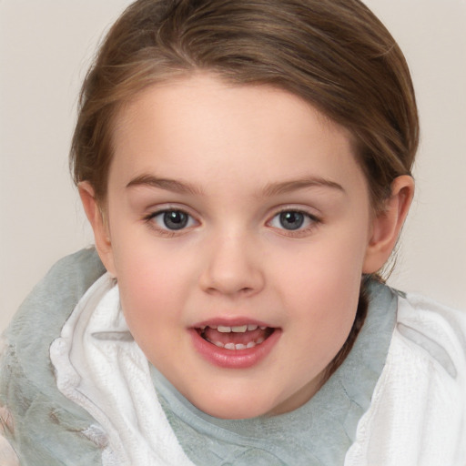 Joyful white child female with medium  brown hair and blue eyes