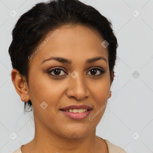 Joyful latino young-adult female with short  brown hair and brown eyes