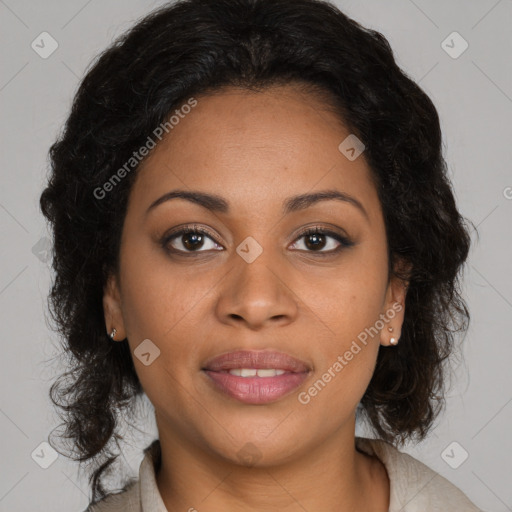 Joyful black young-adult female with medium  brown hair and brown eyes