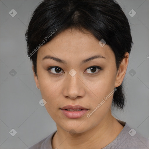 Neutral asian young-adult female with short  brown hair and brown eyes