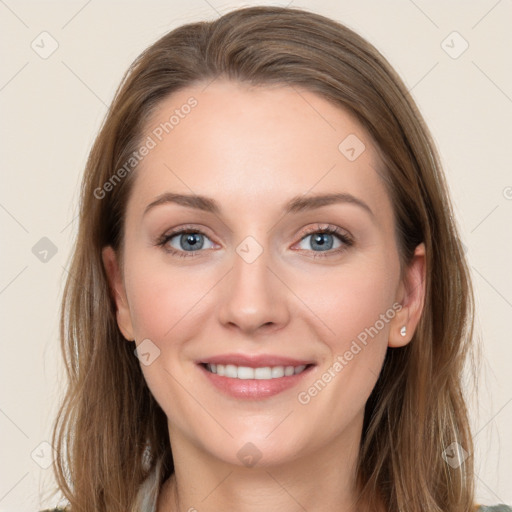 Joyful white young-adult female with long  brown hair and grey eyes