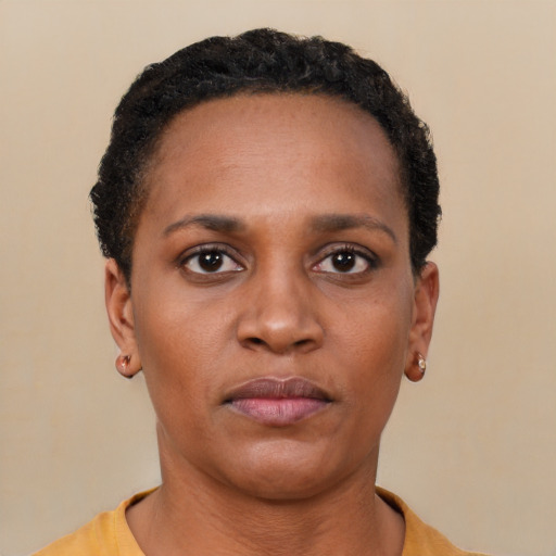 Neutral black young-adult female with short  brown hair and brown eyes