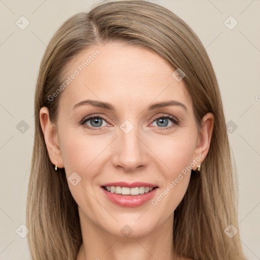 Joyful white young-adult female with long  brown hair and grey eyes