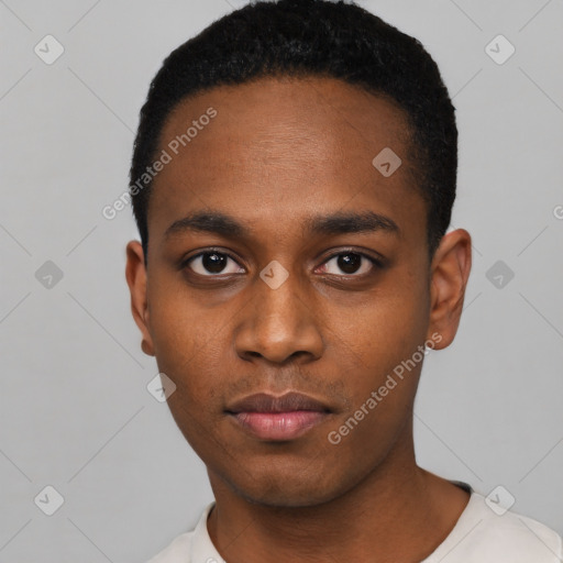 Neutral black young-adult male with short  black hair and brown eyes