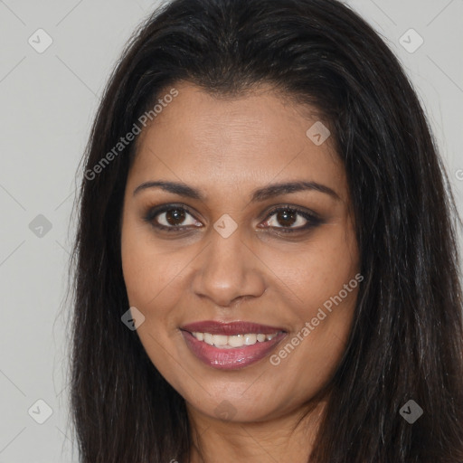 Joyful white young-adult female with long  brown hair and brown eyes