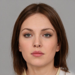 Neutral white young-adult female with medium  brown hair and brown eyes