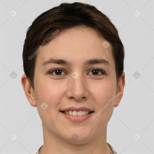 Joyful white young-adult female with short  brown hair and brown eyes