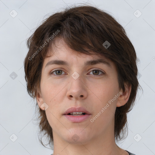 Neutral white young-adult female with medium  brown hair and brown eyes