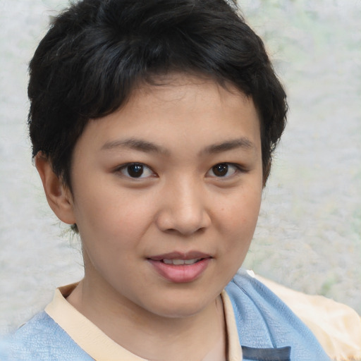 Joyful white child female with short  brown hair and brown eyes