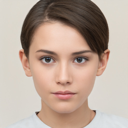 Neutral white young-adult female with short  brown hair and brown eyes