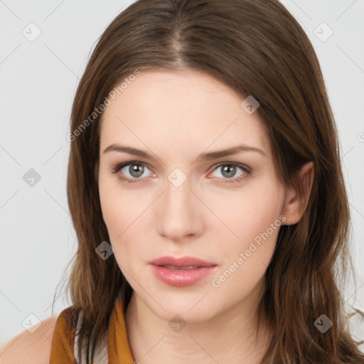 Neutral white young-adult female with long  brown hair and brown eyes