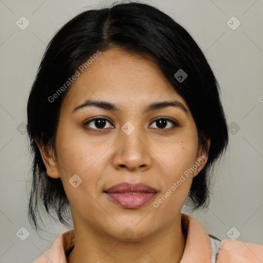 Joyful asian young-adult female with medium  black hair and brown eyes