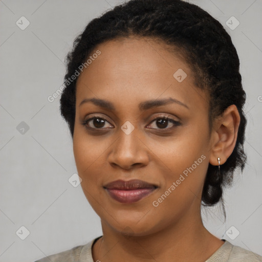 Joyful latino young-adult female with medium  black hair and brown eyes