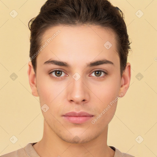 Neutral white young-adult male with short  brown hair and brown eyes