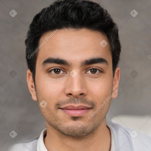 Neutral latino young-adult male with short  black hair and brown eyes