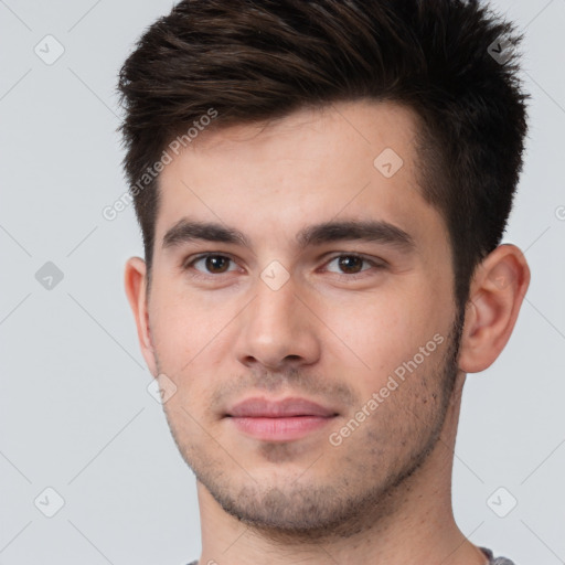 Neutral white young-adult male with short  brown hair and brown eyes