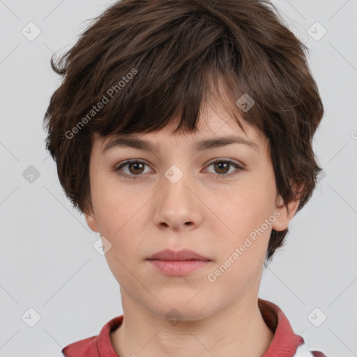 Neutral white young-adult female with short  brown hair and brown eyes