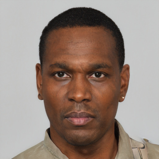 Neutral latino adult male with short  black hair and brown eyes