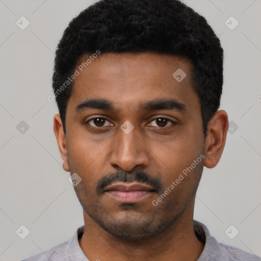 Neutral latino young-adult male with short  black hair and brown eyes
