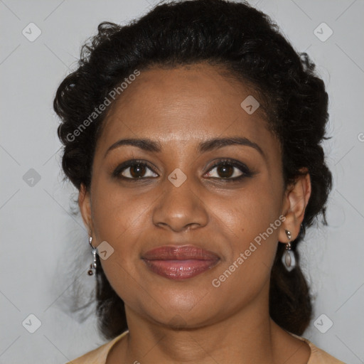 Joyful black young-adult female with medium  brown hair and brown eyes