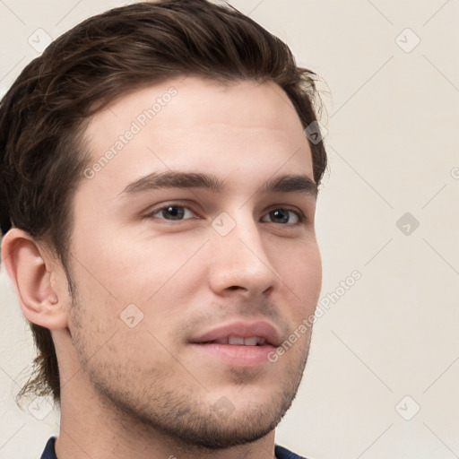 Neutral white young-adult male with short  brown hair and grey eyes