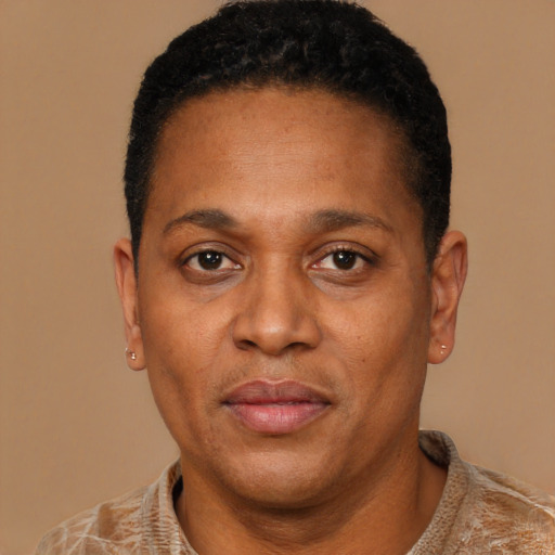 Neutral black adult male with short  black hair and brown eyes
