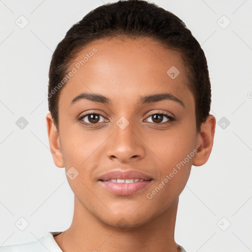 Joyful latino young-adult female with short  brown hair and brown eyes