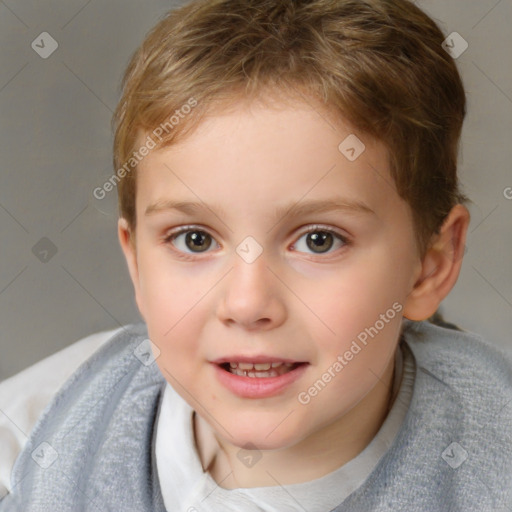 Joyful white child female with short  brown hair and brown eyes