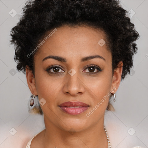 Joyful latino young-adult female with short  brown hair and brown eyes