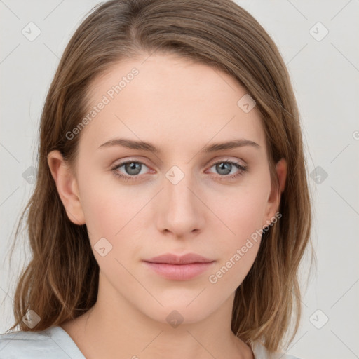 Neutral white young-adult female with medium  brown hair and grey eyes